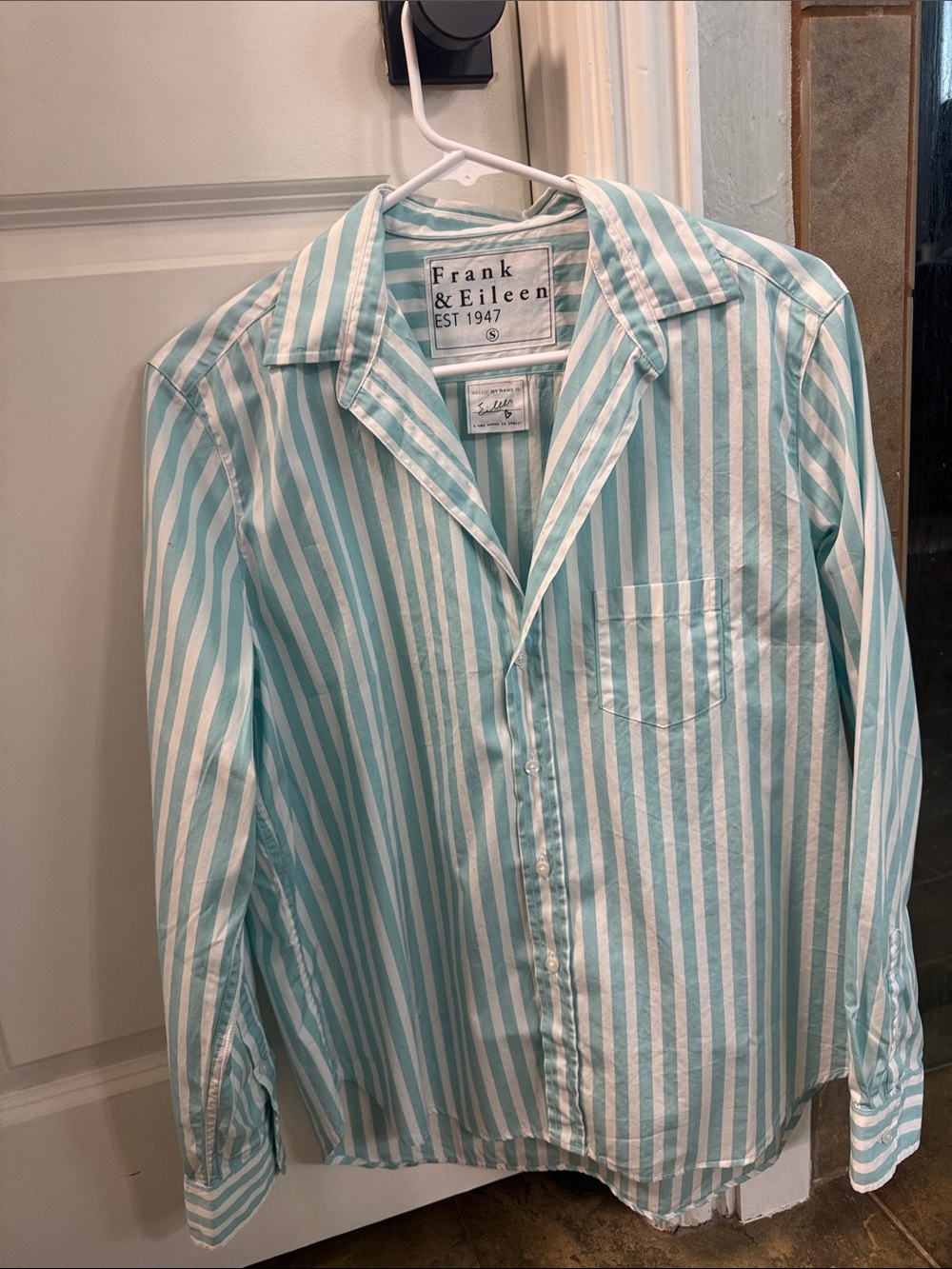Frank & Eileen Mint Green and White Striped Button-Up Blouse